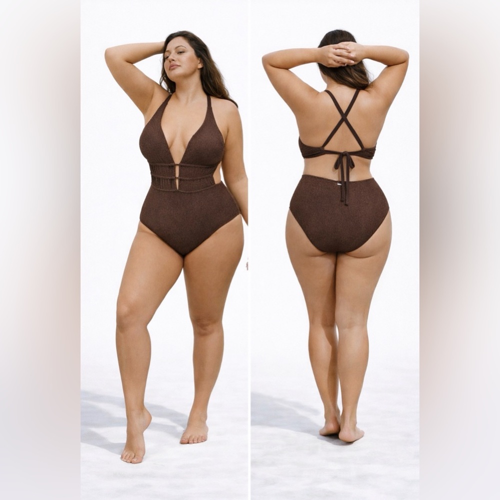 Berlook One Piece Swimsuit Brown Shimmer Strappy Back 18 NEW NWT